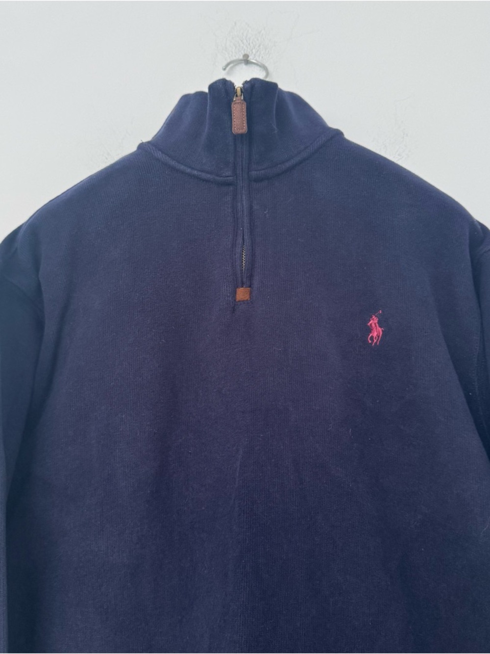 Polo Ralph Lauren 1/4 Zip Sweater Mens L Navy Blue Pullover Red Pony Cotton - Picture 3 of 9